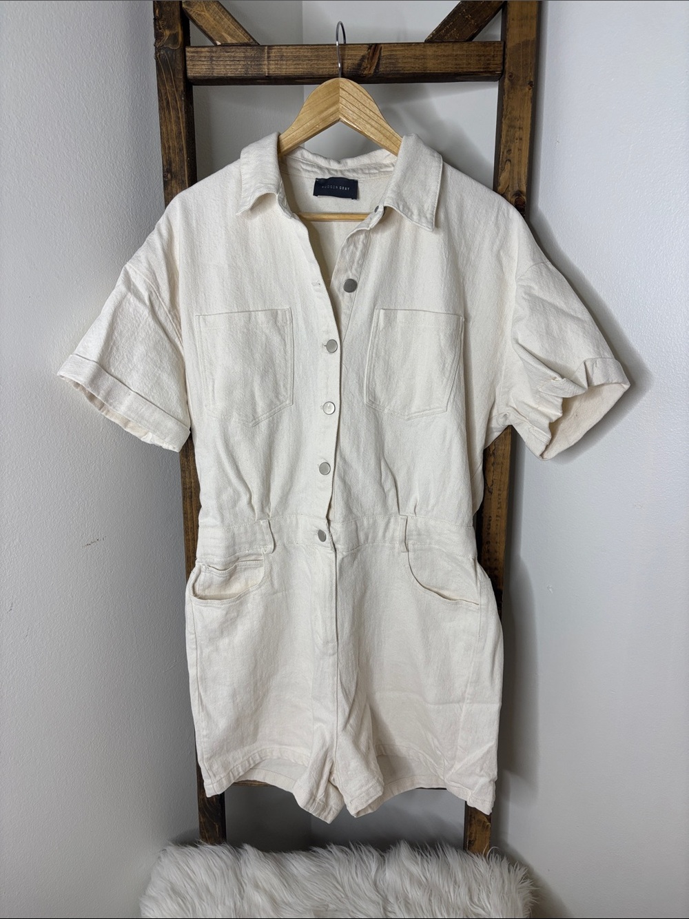Hudson Gray Ivory Short-Sleeve Mini Shirt Dress Size L